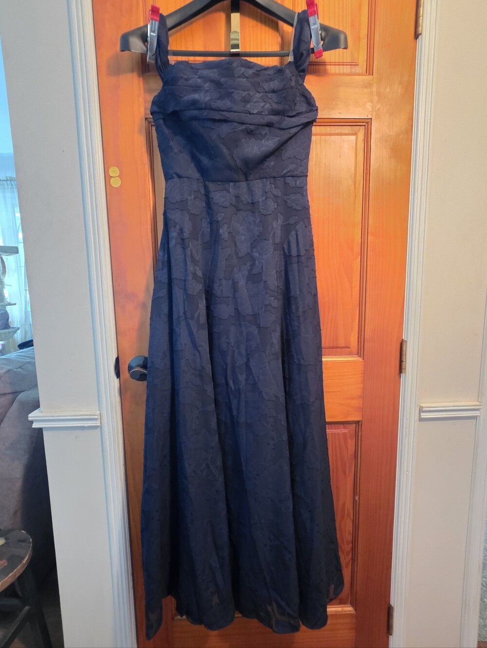 Azazie Dark Navy Floral Burnout Maxi Evening Dress